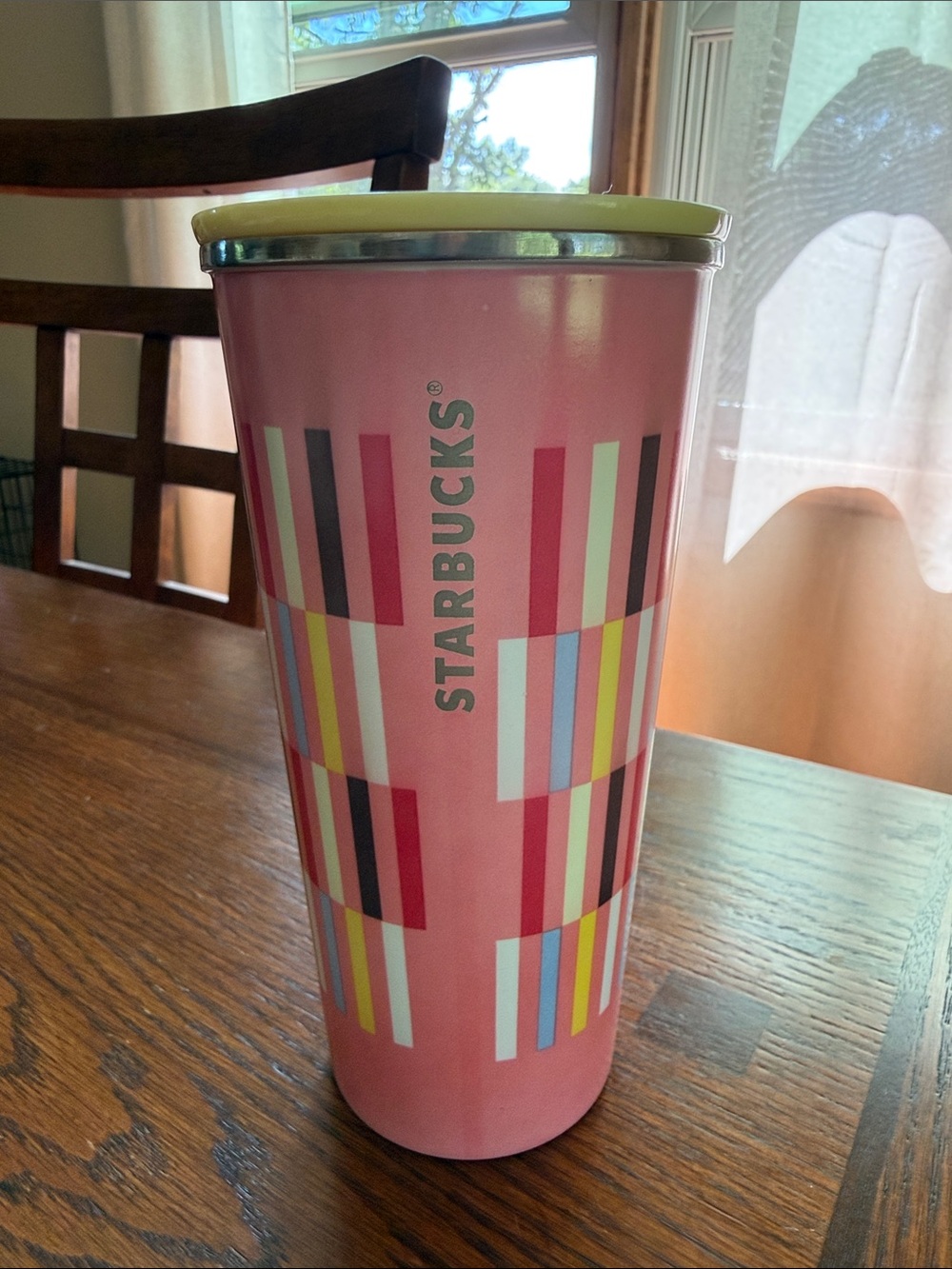 Starbucks Pink Tumbler with Multi-Color Stripe Design
